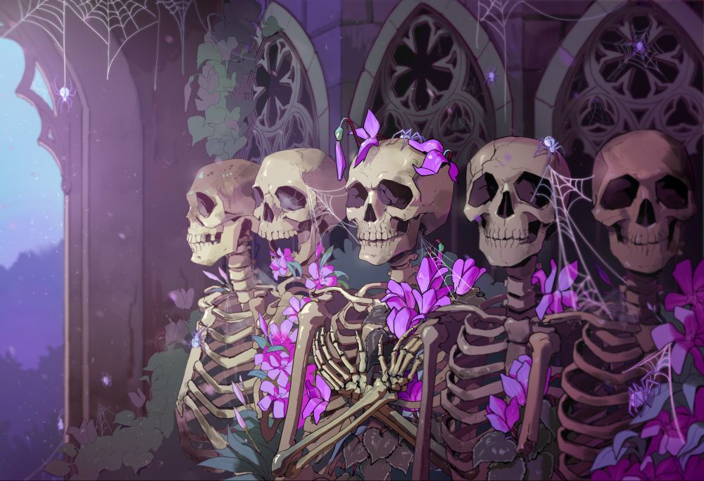 A digital illustration of 5 skeletons standing next to each other, visible from the waist up. the middle skeleton has its arms crossed over its chest. Behind them are three stone gothic arches. The skeletons and the background are covered in purple flowers and spider webs. A handful of light gray spiders crawl on the skeletons and the background. The piece is colored with magentas, purples, and blues.