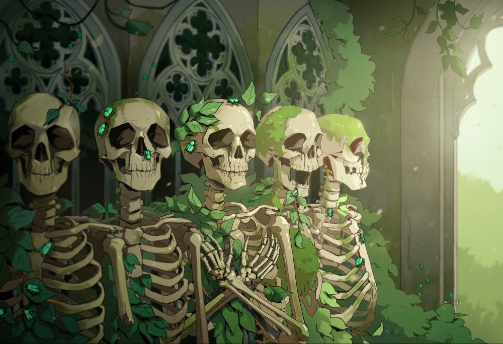A digital illustration of 5 skeletons standing next to each other, visible from the waist up. the middle skeleton has its arms crossed over its chest. Behind them are three stone gothic arches. The skeletons and the background are covered in moss, vines, and leaves. A handful of teal beetles crawl on the skeletons and the background. The piece is colored with greens, yellows, and grays. It is mirrored from the first artwork.