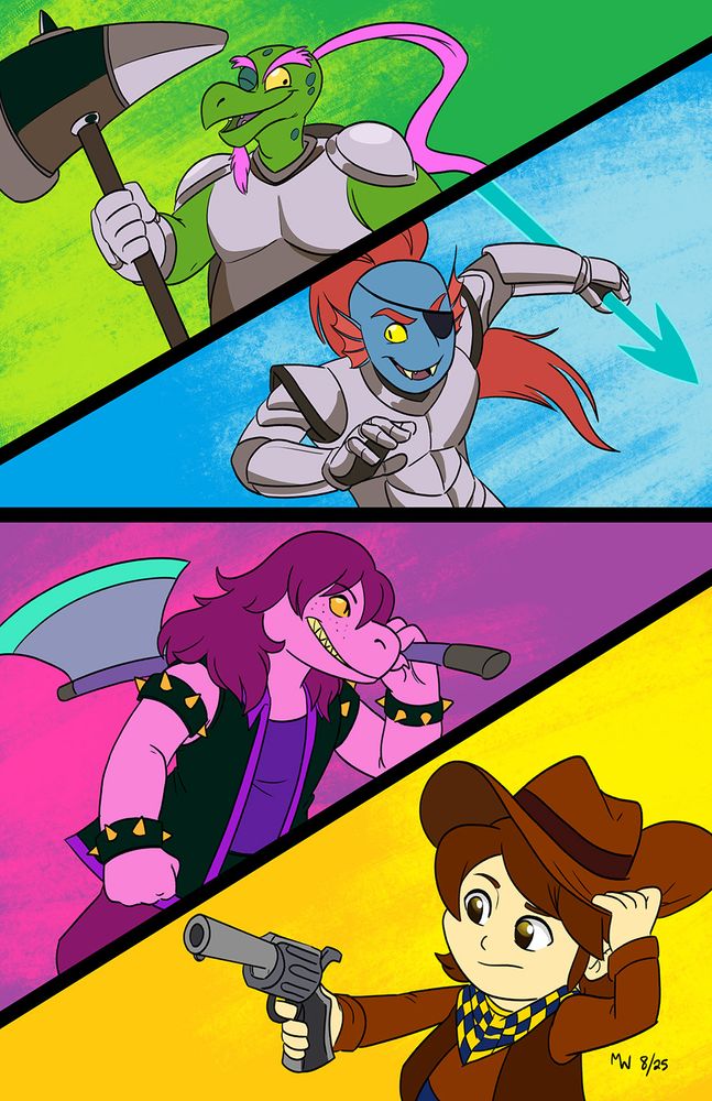 Digital art of four characters divided into four colorful triangles, from top to bottom: Gerson Boom from Deltarune, in his warrior outfit. Undyne from Undertale, in her armor, wielding a spear. Susie from Deltarune, in her dark world form, with her axe slung over her shoulder. Clover from Undertale Yellow, holding onto their hat and aiming their pistol. 