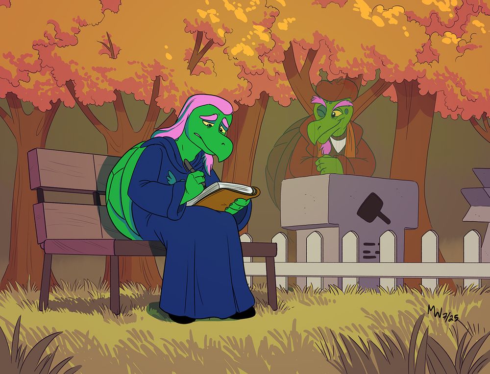 Color art commission of Alvin Boom and Gerson Boom from Deltarune. Alvin sits on the memorial bench in the graveyard with a leather notebook, trying to write something. A ghostly form of Gerson Boom leans against his gravestone nearby, and watches his son with approval. 