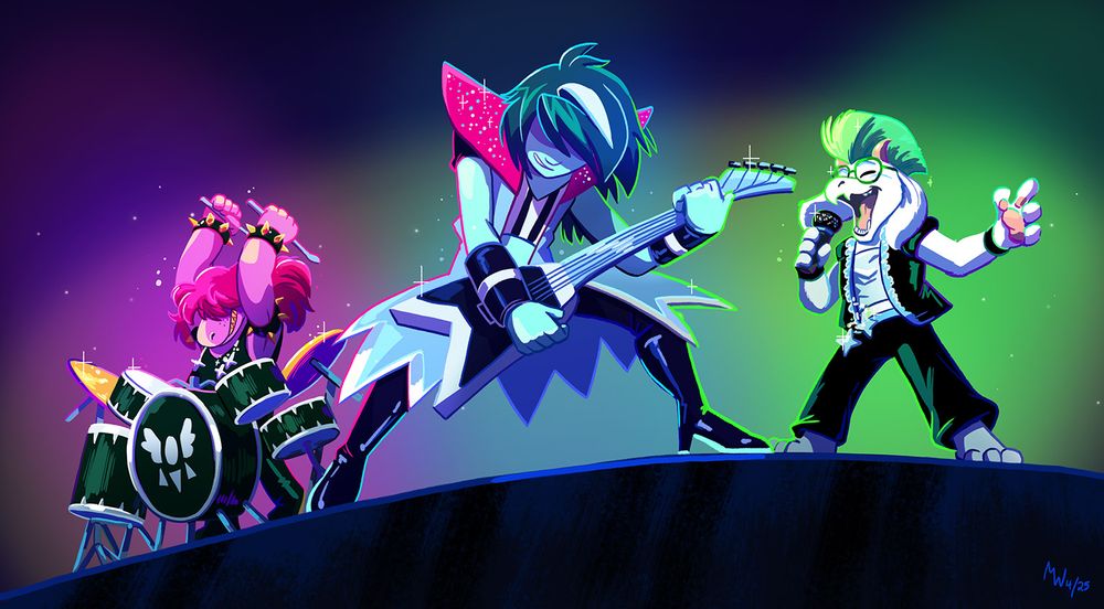 A color fanart of Kris, Ralsei and Susie from Deltarune, dressed in their glamrock outfits as shown from the Deltarune chapter 3+4 trailer. Kris is playing a rock guitar, Ralsei is singing into a microphone, and Susie is playing the drums. The colors are very bright, with sparkles and neon highlights. 