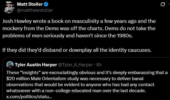 Matt Stoller: "Josh Hawley wrote a book on masculinity a few years ago and the mockery from the Dems was off the charts. Dems do not take the problems of men seriously and haven't since the 1980s.

If they did they'd disband or downplay all the identity caucuses."