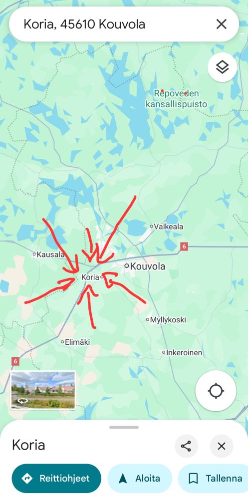 Screenshot of google maps with red arrows pointing at Koria, Finland