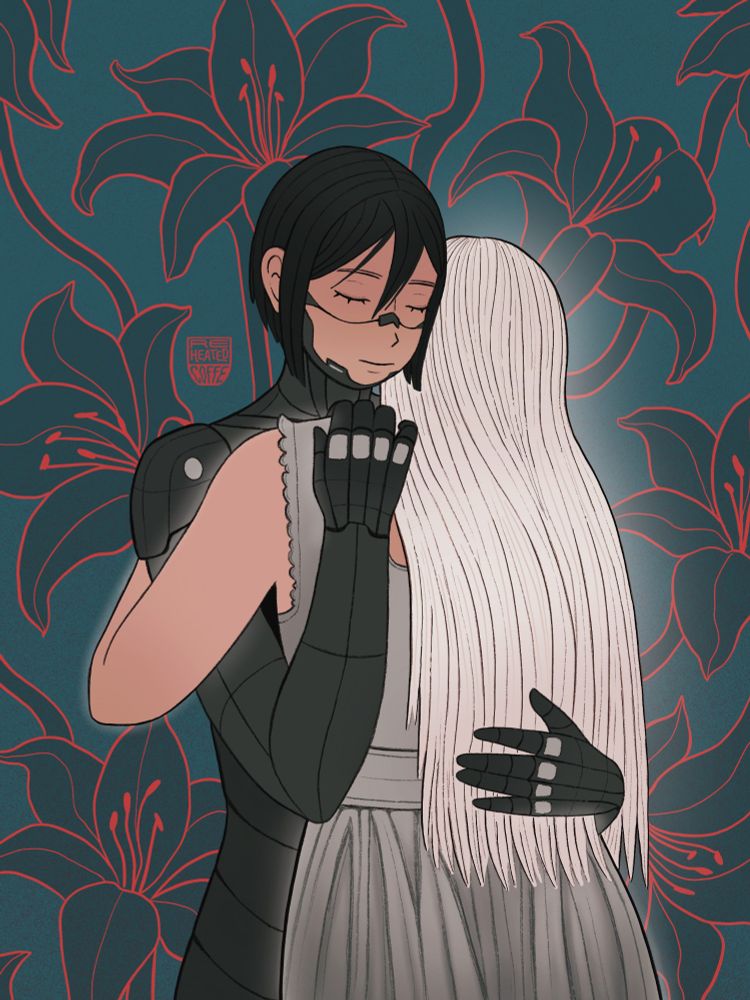 Digital fanart from video game Signalis. Elster is embracing Ariane who is wearing a night gown and has a slight glow to her. There is a pattern of lilies in the background.