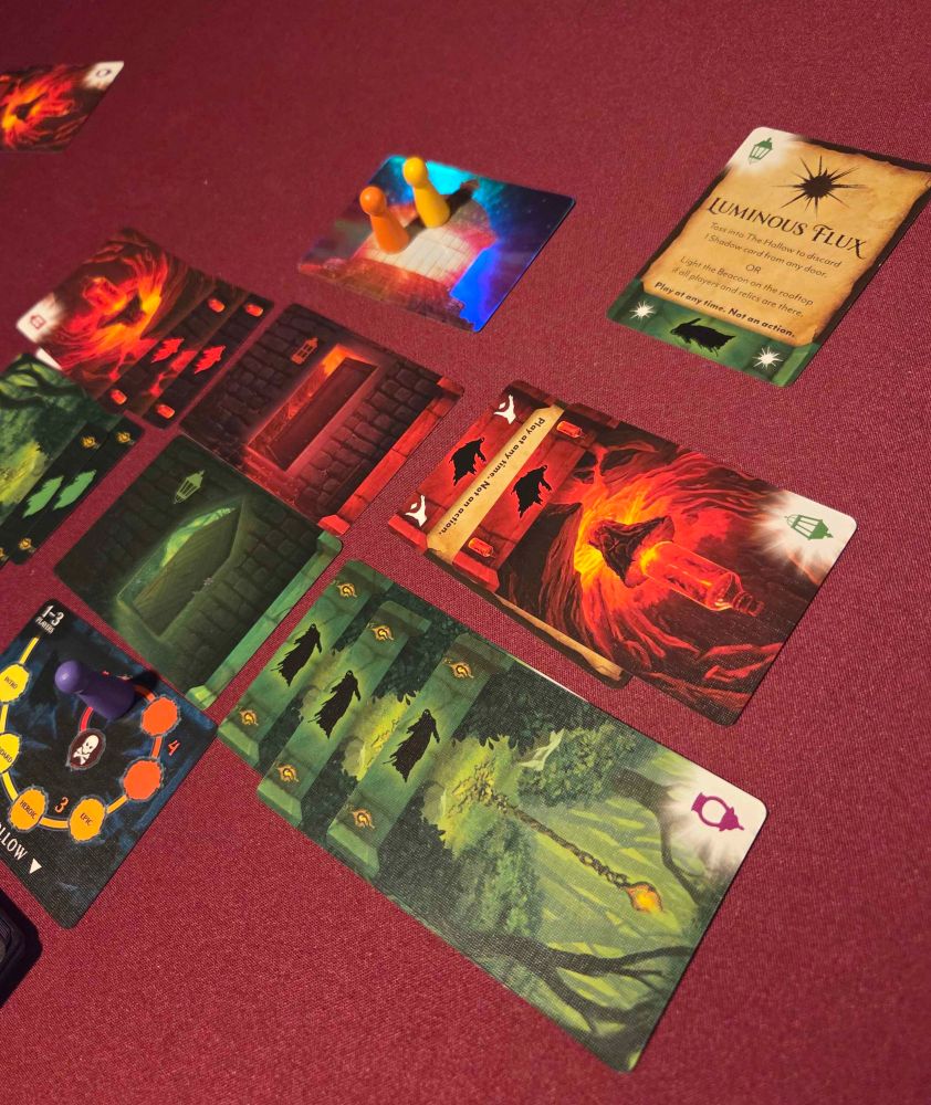 The final board state of a narrow victory in the board game The Four Doors.