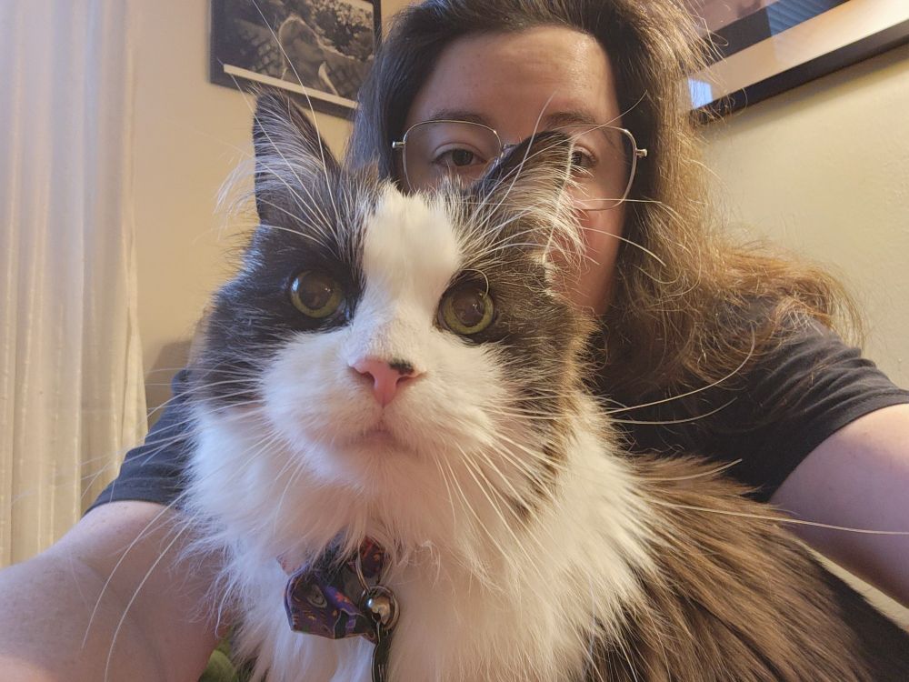 A selfie angle of a black and white cat sitting with a woman with dark hair and glasses.
