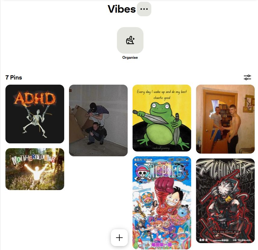 A screenshot of a pinterest sub-board titled 'Vibes', with seven 'pins' - the first is a skeleton with guns in a funny pose with the word 'ADHD' in flames above it, second it two guys stacked on top of each other in a ninja-style squat, third is a frog with blades with the words 'Every day I wake up and do my best chaotic good', fourth is two guys shaking hands whilst seperated by a busted up wooden door, fifth is a glowing guy with the words 'MOTHERFUCKER' in collage-esque writing, sixth is a cover for the manga One Piece, and the seventh is a cover for the manga Gachiakuta.