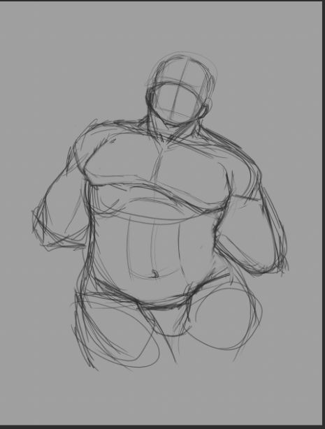 A rough unfinished digital sketch of a large sorta muscular sorta chunky masc in a sort of 'soft' pinup pose, the legs are incomplete, the arms appear mostly incomplete but tbh I'm not gonna draw the full arms anyway unless I figure out the mecha arms- and there's no face no muscle deets scars metal place tattoos etc, just some good MAN BEEF