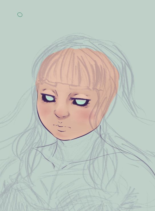 An unfinished digital drawing of a femme with tentacle ears and long hair. Most of the image is a rough sketch on lowered opacity, there are more solid neater lines, and on the face there's colour.