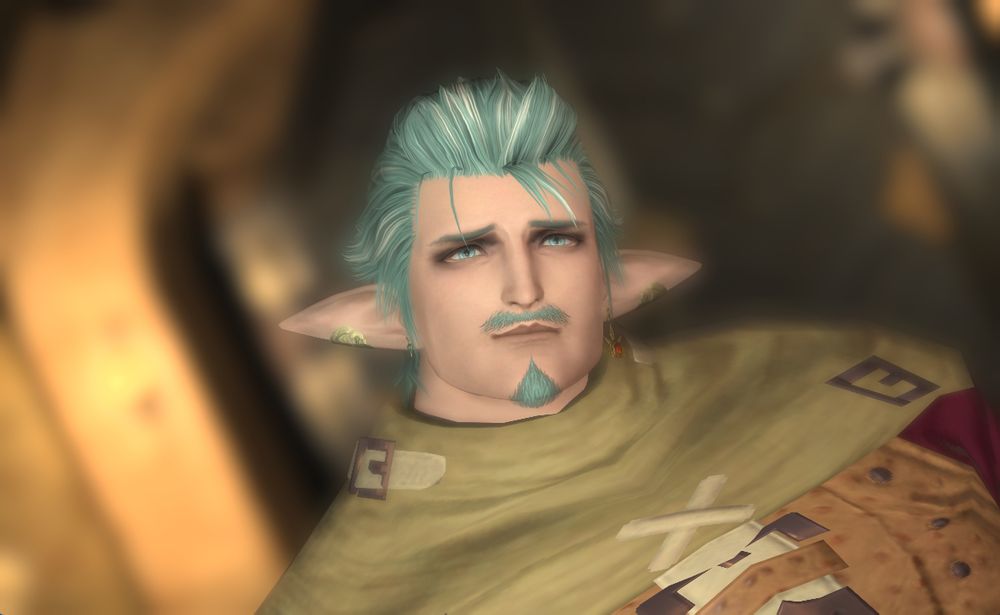 A plus size elezen with his head tilted with a very very slight smile, his hair is a turquoise teal colour with streaks of lighter hair, he has about the and a goatee