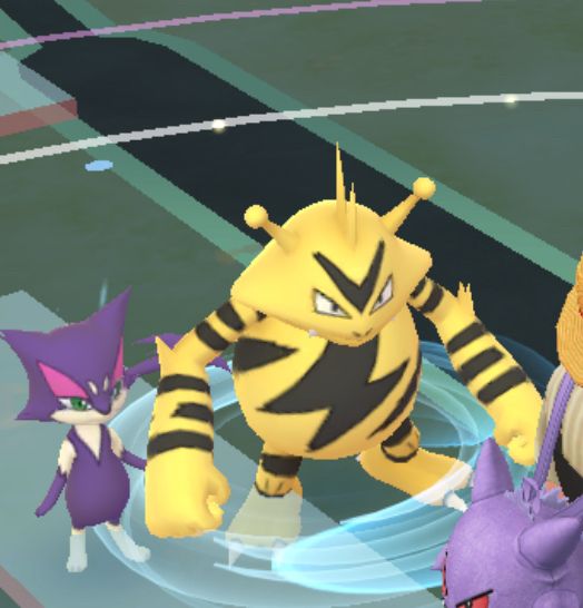 A Purrloin and an Electabuzz in the game Pokemon Go. They look like they’re holding hands. 