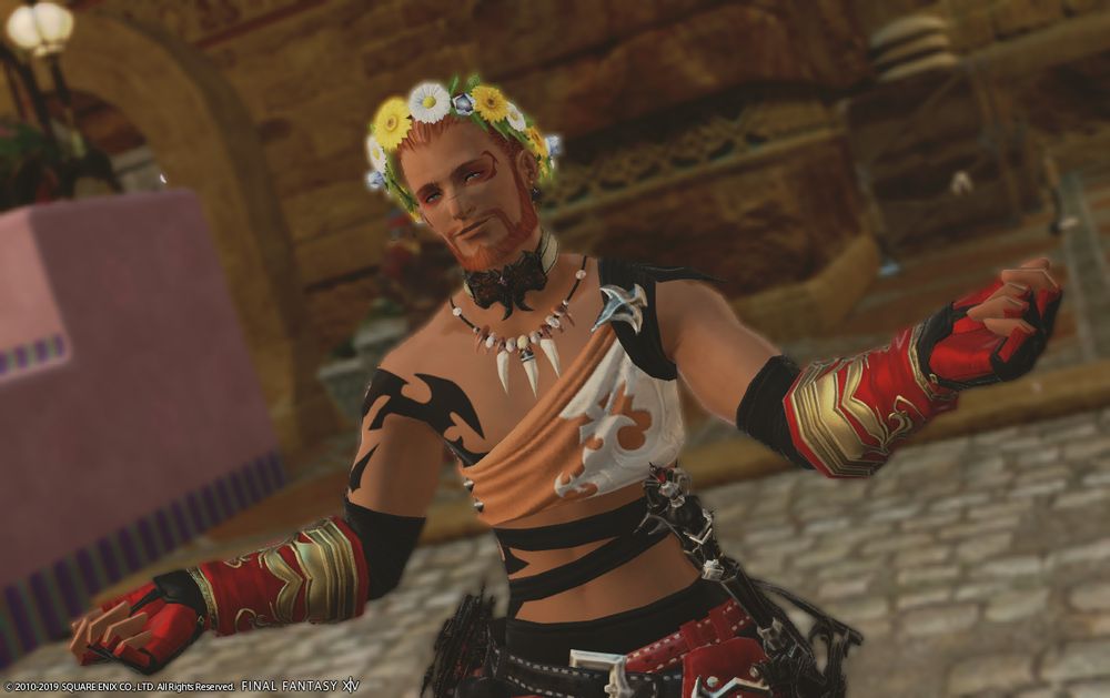 The same man but wearing a flower crown, a single shouldered outfit, and a gentle smile, mid-dance, in the desert city of Ul’dah