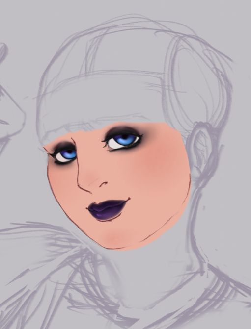 An unfinished digital drawing of a femme, with most of the lines being a rough sketch on lowered opacity, except for most of the face, where there is also colours added, including to those neater lines. She doesn't even have any rough sketched hair yet