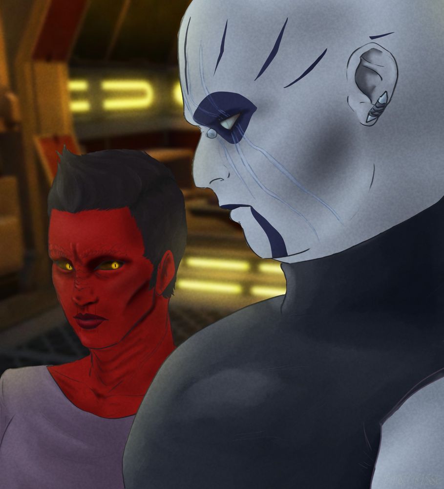 A meme drawing. the character on the left is a 'Sith Pureblood' from the Star Wars The Old Republic' universe, with red skin, short black hair spiked up in the centre somewhat, yellow eyes and an off-lavender loose-necked top. He is currently staring at the chest of the character on the right, a 'Rattataki' from the Star Wars universe, with pale off-blue gray skin, desaturated dark blue tattoos that make him kinda look like a panda, piercings on his nose bridge and ear, the visible eye is blind (though the other one is not) and a sleeveless turtlenecked black vest, with a slight raise indicating where there is a metal plate where his artificial heart lies behind. The background is a slightly blurred screenshot of the interior of the bounty hunters ship from the game SWTOR.