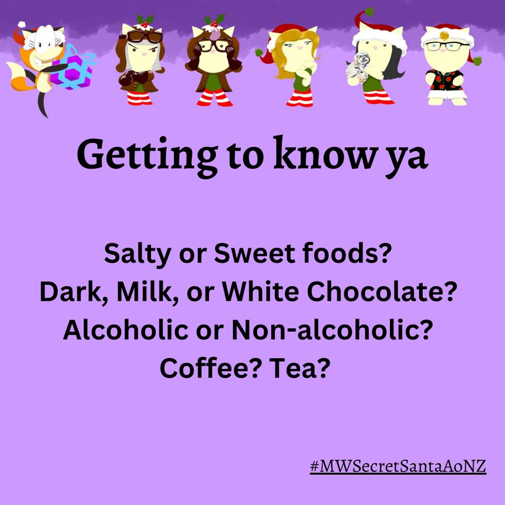 Getting to know ya
Salty or Sweet foods?
Dark, Milk, or White Chocolate?
Alcoholic or Non-alcoholic?
Coffee? Tea?

Purple image with darker purple clouds at the top behind cartoon versions of the Secret Santa team. 