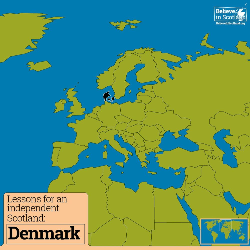 A map of Europe shows Denmark highlighted. With the text Lessons for an independent Scotland from Denmark.