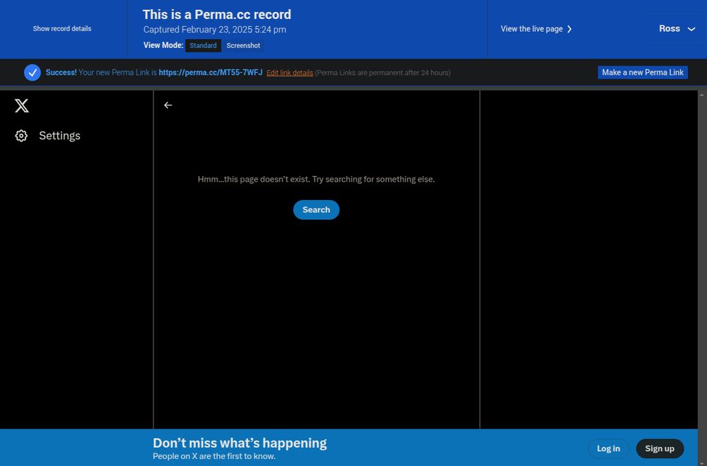 Image of an attempt to capture a record on perma.cc from Twitter. The page doesn't even render, the content simply isn't being made available to services to archive.