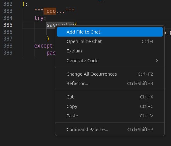 An image showing a context menu in VSCode providing "AI" options such as add to chat instead of code navigation... 