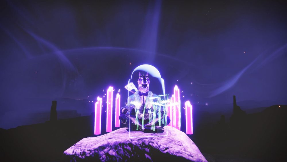 A screenshot from Destiny 2, showing a Titan Guardian dressed up as in-universe character, Starhorse (The Impossible Equine), with a chest piece that has fur on it, and gloves that also have fur on them and a pair of legs that has horse hoof feet on them. She sits in front of a purple sky and a black landscape in the background, cross-legged atop a rock, with a headstone and flowers in front of her, and purple flickering candles behind. Whisps of brighter purple come from the dead sun in the background, part of The Dark Future in The Infinity Forest on Mercury.