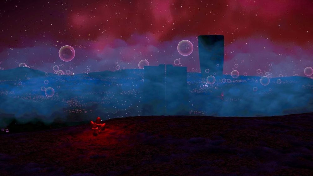A surreal landscape featuring a dark, rocky foreground with a small plant bathed in red light. In the background, blue and purple fog envelops distant, shadowy structures and a starry sky, with bubbles scattered throughout the scene.