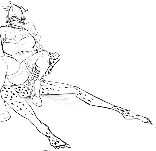 Black and white sketch of Kith'rak Voss fucking my OC Vanquish. She's sitting on top of him and he's holding her thigh with her back to him, still wearing her dress and heels. He's also holding her neck, pulling back her head. His legs are spread and we can see his ridged cocks coming from his sheath.