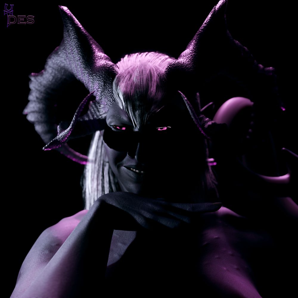 A 3D render of a 4 horned tiefling with dark grey skin with pink hues and pink eyes girnning at the camera with her chin resting on her back of her hand. She had white hair with a pointed angled fringe. She is lit in dramatic white and pink lighting with stark shadows.