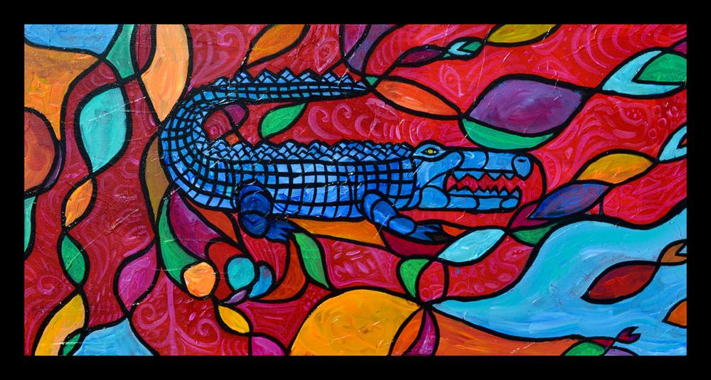 An abstract crocodile on a colorful textured background
