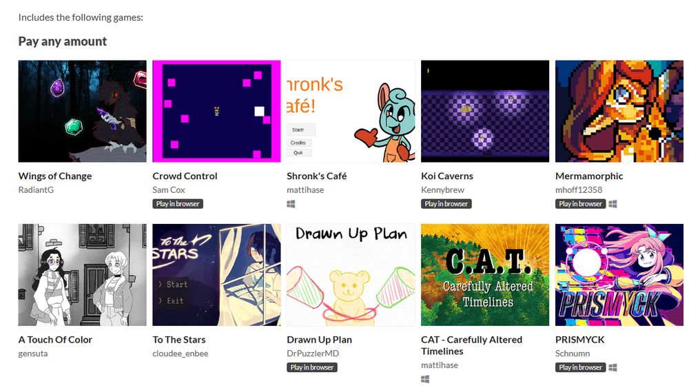 A screenshot showing every game in the bundle. There are ten games in total! The games all have different styles and the bundle is pay any amount.