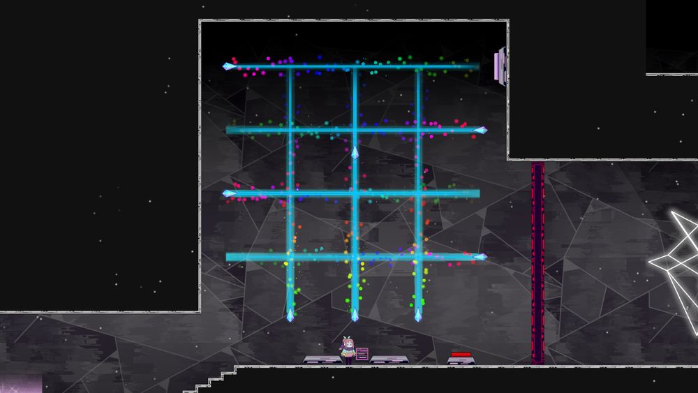 A screenshot of a puzzle section of our game. There are bright lights crossing each other at ninety degree angles and some buttons on the floor.