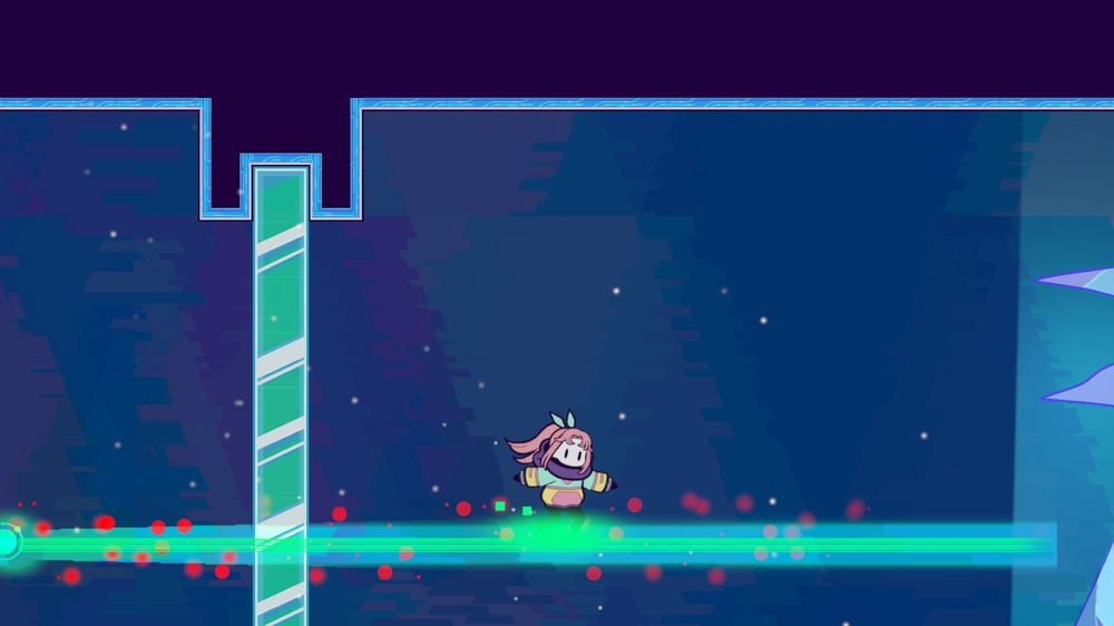 A screenshot of our game. The screenshot shows the main character riding across a beam of light. The colour palette ranges from deep purple to vibrant green.
