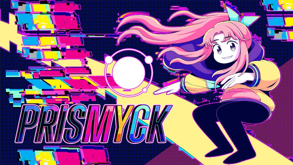 The title screen of our game, PRISMYCK. This is splash art which shows a pink haired anima girl surfing on a beam of light. There are a bunch of distorted pixels around her, as well as a white circle enveloped in another white circle. The colour palette for the image is CMYK