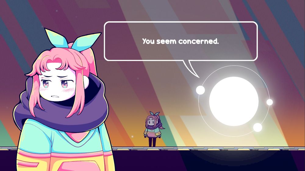 A screenshot of a visual novel style cutscene. The protagonist is a pink haired girl wearing a chunky hoodie with a CMYK colour palette. She looks off to the side. Next to her, is a sentient orb of light, who says "you seem concerned."