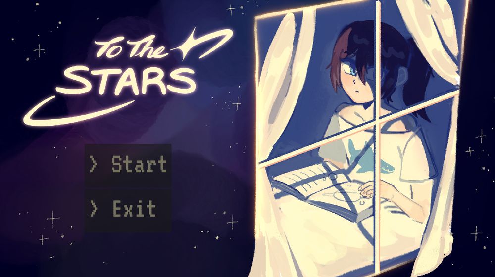 A screenshot of the title screen of bundle game, To The Stars. A character looks out of a panelled window while reading a book with planets on it. The background is a starry sky in beautiful deep blues and purples.