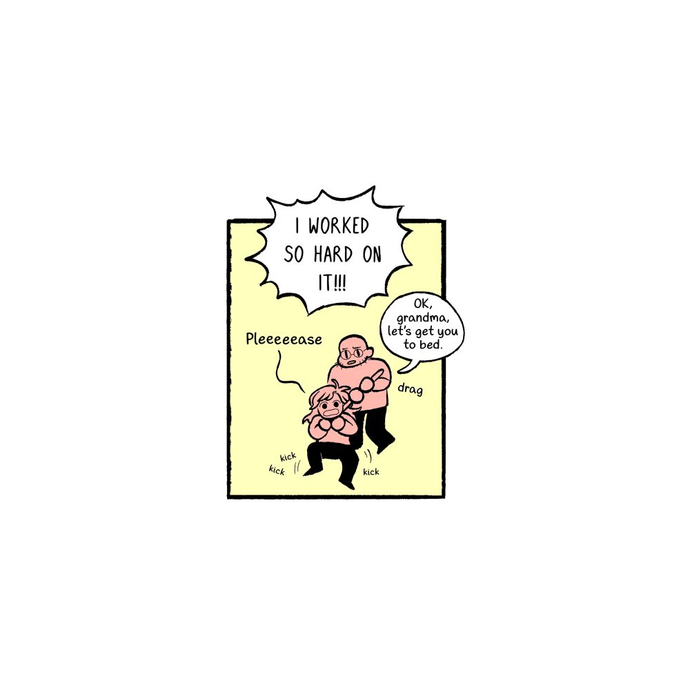 The last panel is very small, a zoomed out shot of Richard dragging Bex away with the shepherd's crook. She yells, "I worked so hard on it!!! pleeeeeeease!" while Richard says "OK, grandma, let's get you to bed."