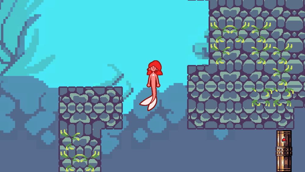 A screenshot from bundle game, Mermamorphic. The screenshot shows a beautiful underwater scene made with pixel art, and a red mermaid floating peacefully at the centre of the screen.