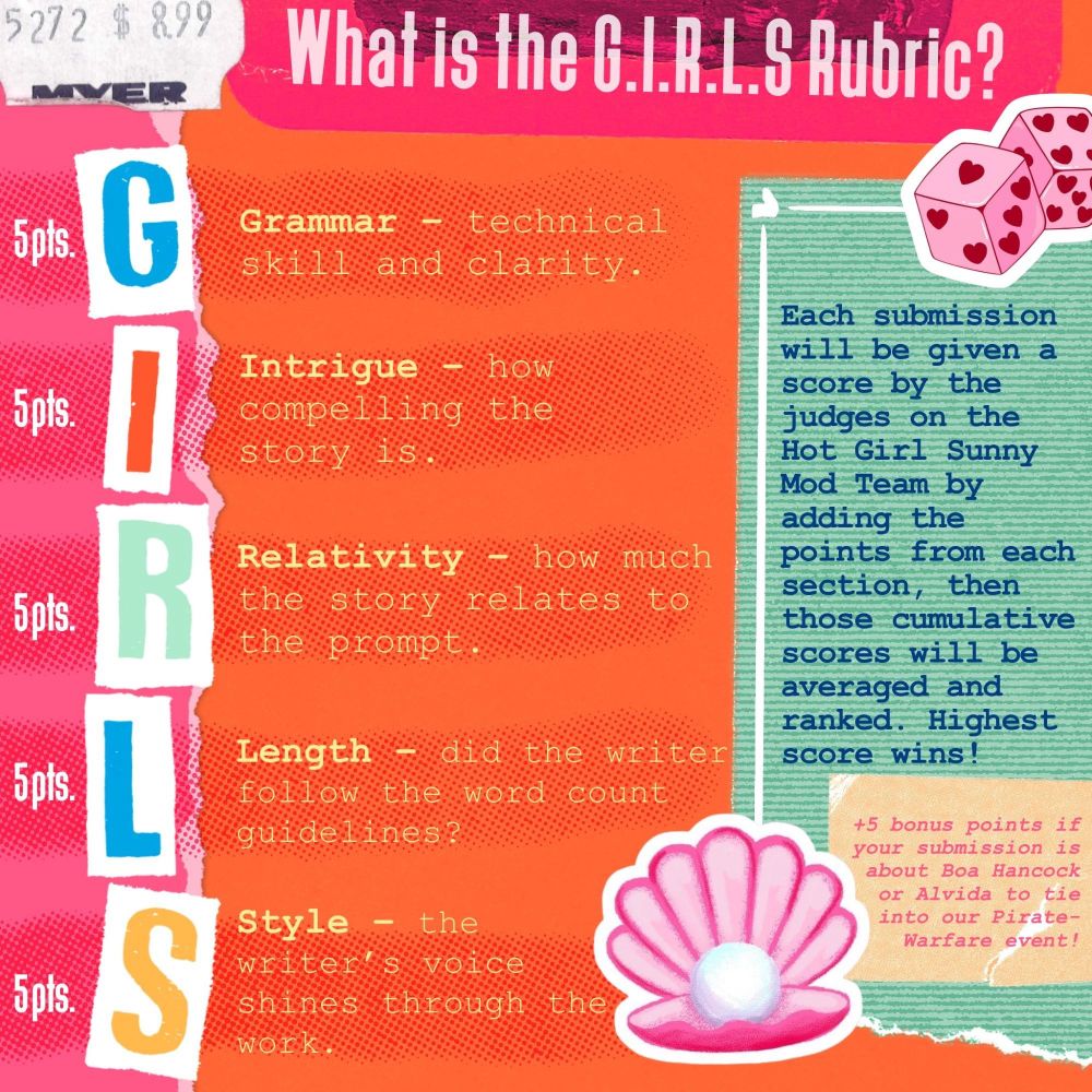 Information graphic reads as follows:   What is the G.I.R.L.S. rubric?  

G = Grammar (5 points) - technical skill and clarity. 

I = Intrigue (5 points) - how compelling the story is. 

R = Relativity (5 points) - how much the story relates to the prompt. 

L = Length (5 points) - did the writer follow the word count guidelines? 

S = Style (5 points) - the writer's voice shines through the work.  

Each submission will be given a score by the judges on the Hot Girl Sunny Mod Team by adding the points from each section, then those cumulative scores will be averaged and ranked. Highest score wins!  

+5 bonus points if your submission is about Boa Hancock or Alvida to tie into our Pirate-Warfare event!