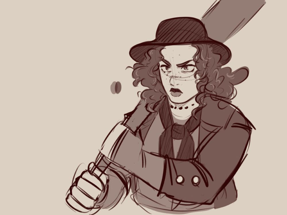 pictured is a digital drawing of alvida - shes drawn in shades of grays and browns. her iron mace is rested upon her right shoulder as she glares at something out of frame. 