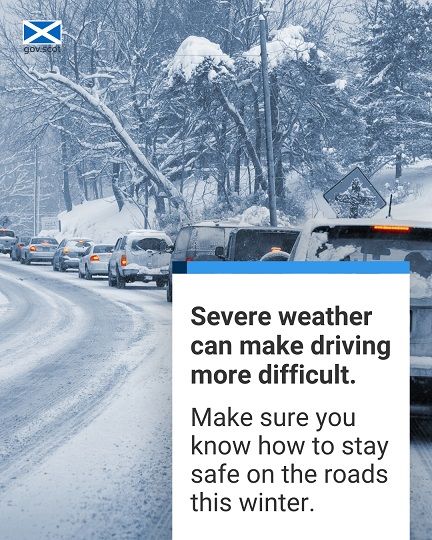 A queue of motor vehicles on a snowy road in winter conditions with a message for people to make sure they know how to stay safe in such conditions.