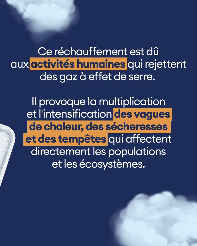 Ce réchauffement est dû aux activités humaines qui rejettent des gaz à effet de serre.

Il provoque la multiplication et l'intensification des vagues de chaleur, des sécheresses et des tempêtes qui affectent directement les populations et les écosystèmes.