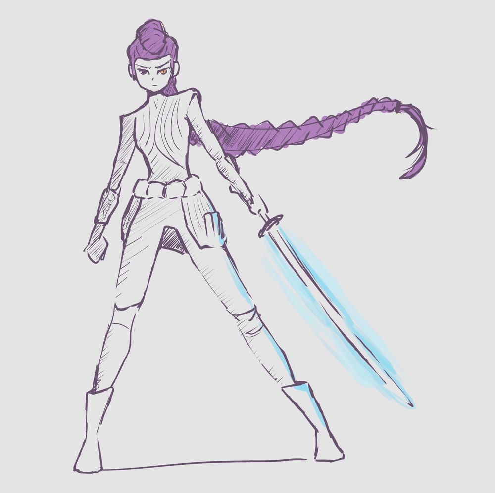 Digital sketch of Rumi from Kpop Demon Hunters holding her sword