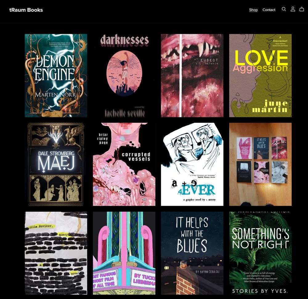 A screenshot of our Payhip store's landing page. Book titles, with the first row featuring Demon Engine, Darknesses, Eusect and Love/Aggression. All books right now are 50% off.