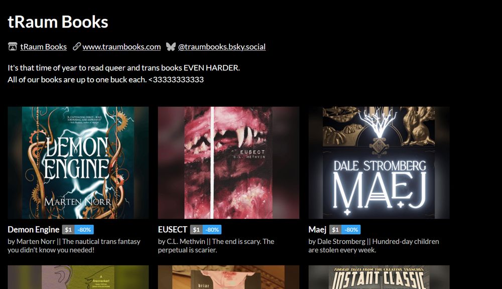 A screenshot of tRaum Book's ITCH IO landing page. All ebooks are $1 only (or cheaper!!) Sale is running until the end of June. All proceeds (and tips) go directly back to the authors. <3