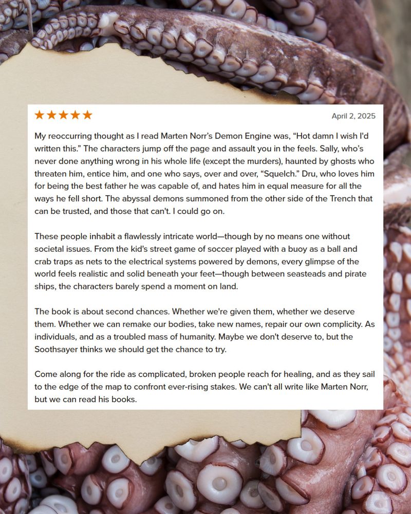 A review of Marten Norr's DEMON ENGINE, by Zilla Novikov. Excerpt: "This book is about second chances. Whether we're given them, whether we deserve them. Whether we can remake our bodies, take new names, repair our own complicity."