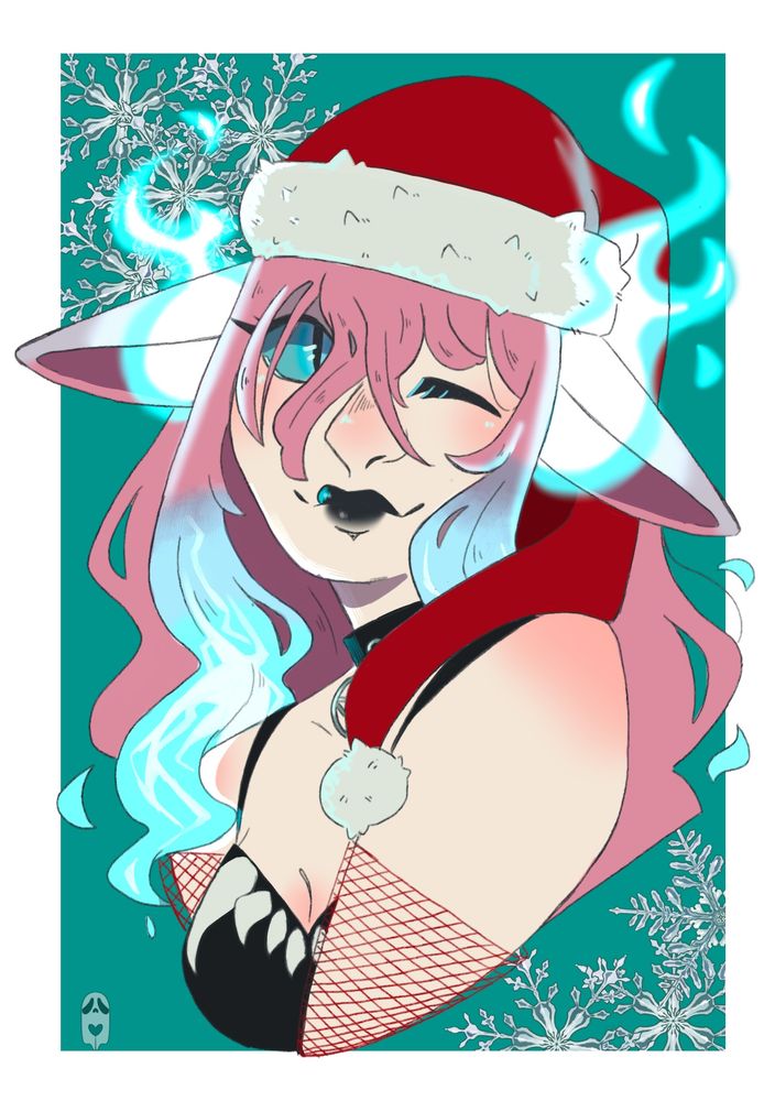 An Image of Ghost on a green background with large snowflakes in the corners. Ghost is a kitsune woman with pink hair/fur with blue soulfire tips on her hair and inside her ears. She has heterochromia with one pink eye and the other eye is entirely blue with a fox’s pupil. She’s wearing a purple dress with teeth on it. 

The Art is done by Linkbrary.