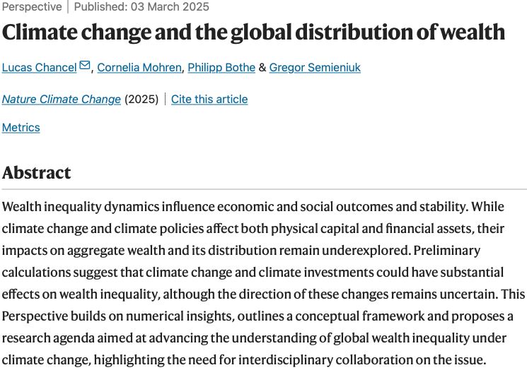 A screenshot of the title, byline and abstract of the paper that’s hyperlinked in the text of this skeet, starting with “Perspective | Published: 03 March 2025, Climate change and the global distribution of wealth”