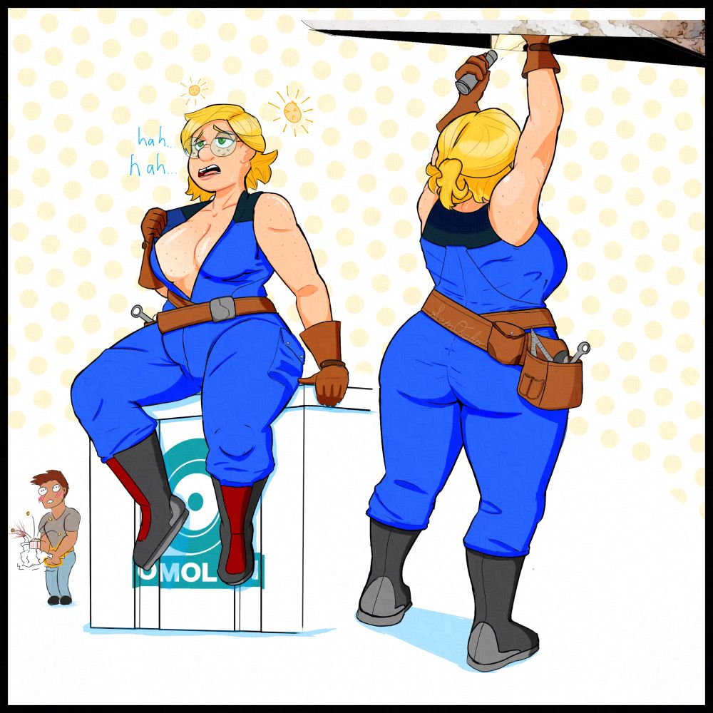 The illustration depicts two images of a curvaceous, freckled, blonde woman wearing a sleeveless jumpsuit. It’s exceptionally tight on her. Her skin is gleaming with sweat. In the right hand image, she is facing away from the viewer, shining a light into a rusted crawlspace. In the leftmost image, she’s unzipped her outfit, exposing her chest in an attempt to cool down. In the background, an onlooker is shocked by her exhibition, accidentally ruining crushing his lunch.