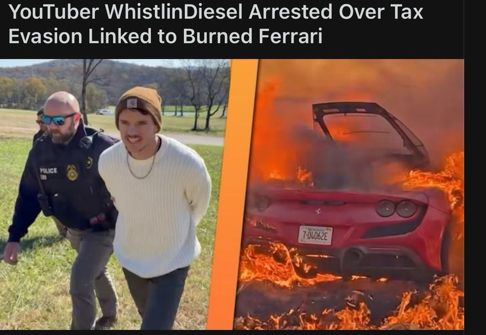 Some Ferrari caught on fire. And the driver is some YouTube tax evader