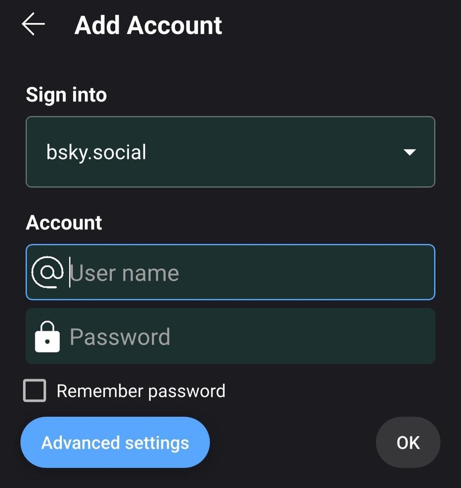 Login screen for a new account