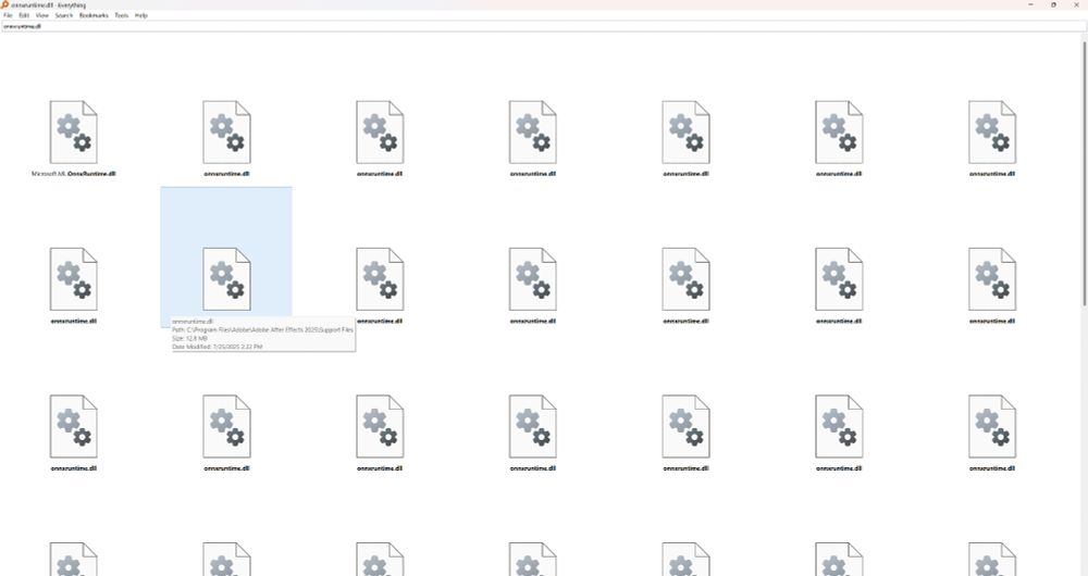 A screenshot of Everything file search showing dozens of copies of the onnxruntime.dll file