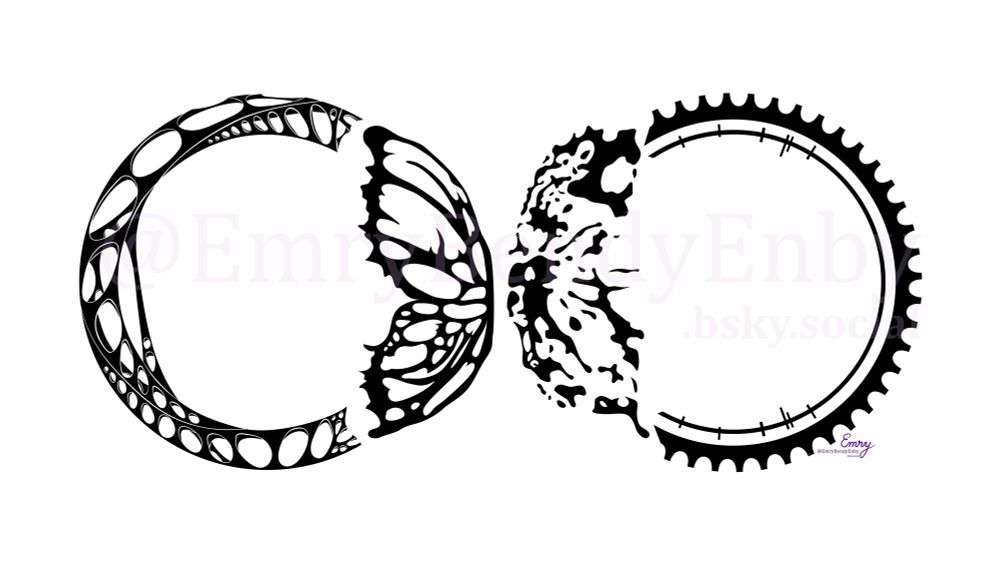 Original art of a black and white JayVik inspired infinity symbol made of two partial circles connected with a butterfly in the center. The left circle is made is hexcorization. The left butterfly wing is based off the energy blast from the council chamber. The right butterfly wing is based off Viktor’s blood splatter on his hexcore workstation. The right circle is based on the cog/gear motif that frames the hexgates. It is signed “Emry” in purple and has a faint purple watermark of @EmryBendyEnby.bsky.social